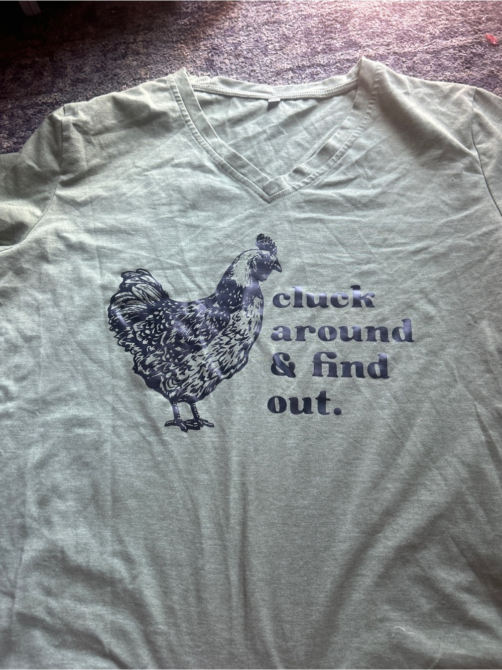 Source Unknown Light Sage V-Neck Tee with Navy Chicken Graphic Cluck around